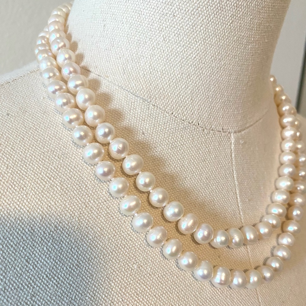 CULTURED FRESHWATER PEARL Double Strand Sterling Silver Clasp 20" Inch - Picture 4 of 11